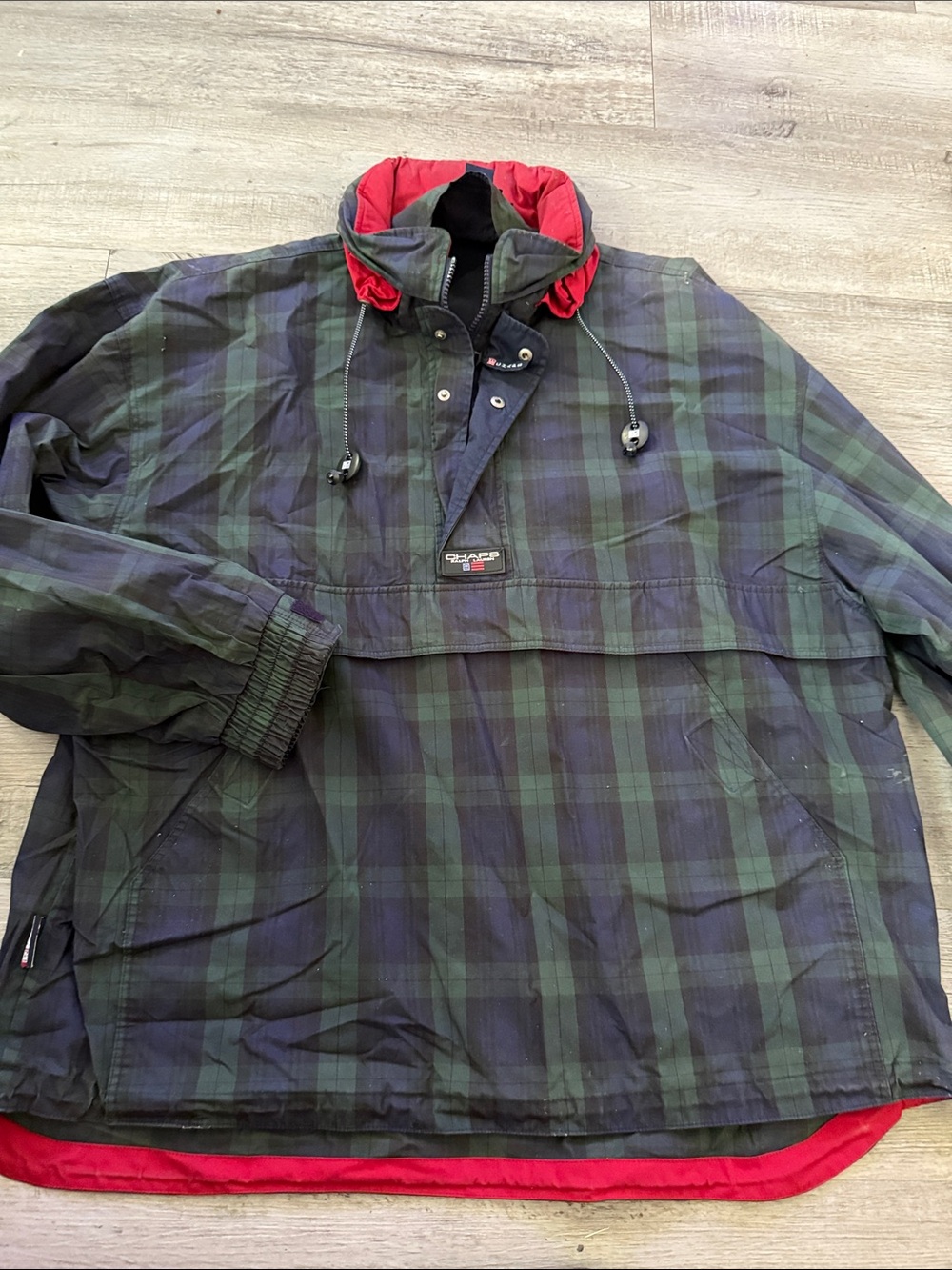 Chaps Green & Navy Plaid Pullover Windbreaker with Red Lining